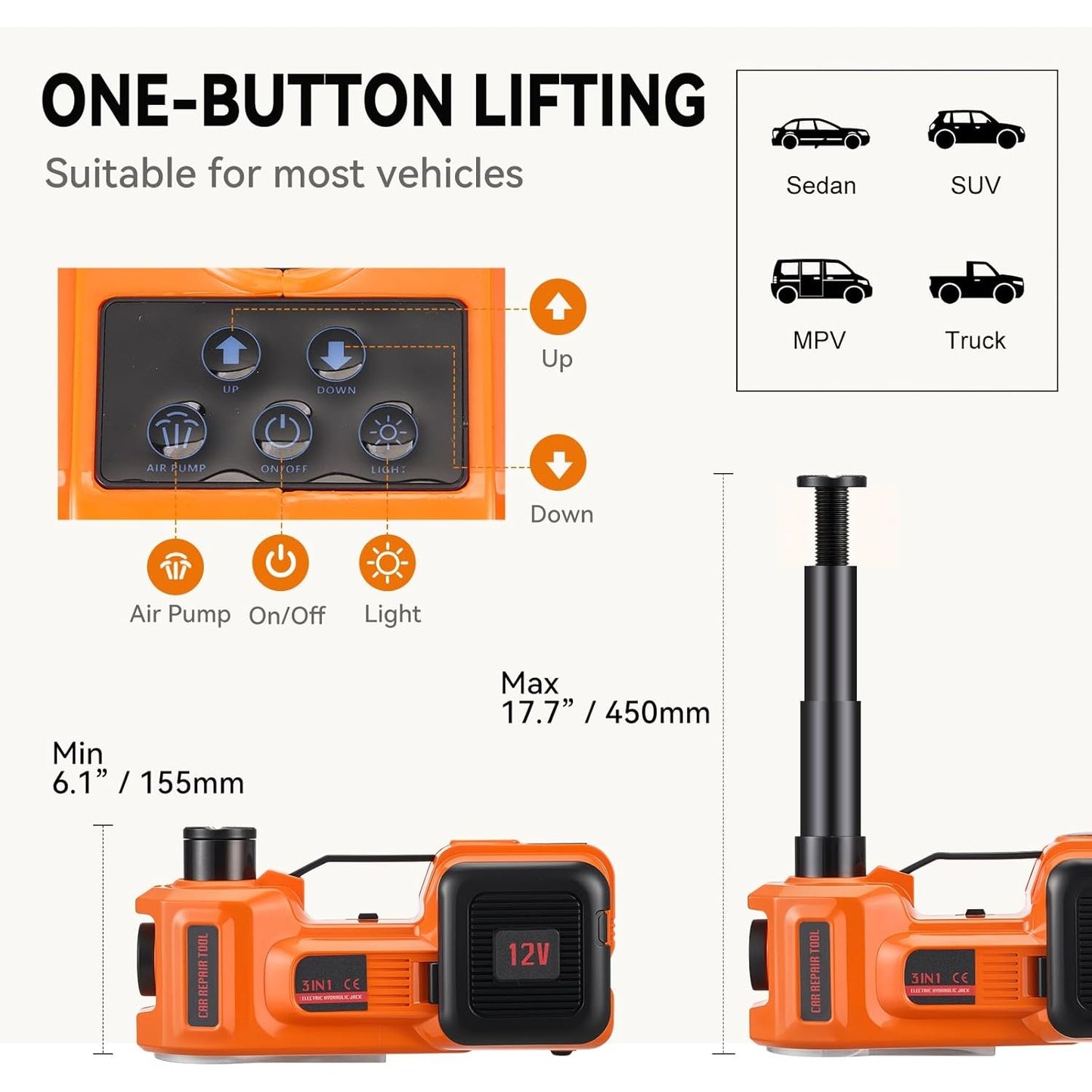 5-Ton Electric Hydraulic Car Jack with Built-in Air Pump and LED Light